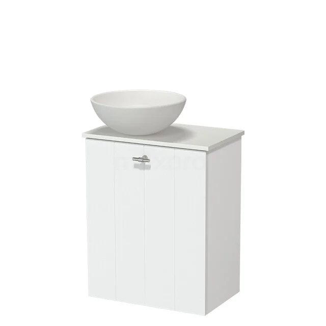 White bathroom furniture with a round countertop washbasin, modern design and sleekly finished cabinet door for style and storage space.