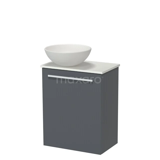 Grauer Badschrank mit weißem Waschbecken, kompaktes Design, ideal für kleine Bäder.