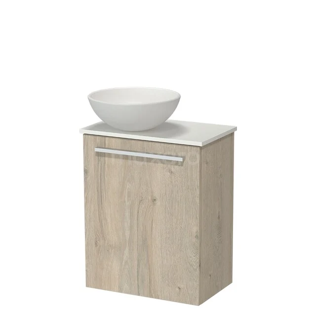 Wooden washbasin unit light oak with white wash bowl, compact design solution for a modern bathroom.