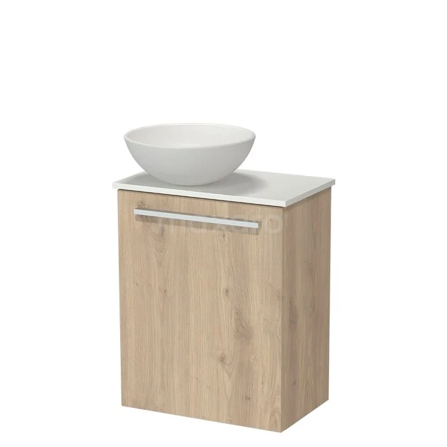 Holz Badschrank mit weißem keramischen Aufsatzwaschbecken, kompaktes Design, ideal für moderne Badezimmer.