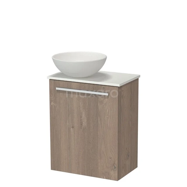 Modulo Pico WC-Möbel mit Waschbecken | 41 cm mittelbraune Eiche glatte Front Keramik-Aufsatzwaschbecken Solid Surface Waschtischplatte TMK10-18442 Holz-Badschrank mit weißem keramischen Waschbecken, kompaktes Design geeignet für kleine Badezimmer, Teil der modernen Serie.