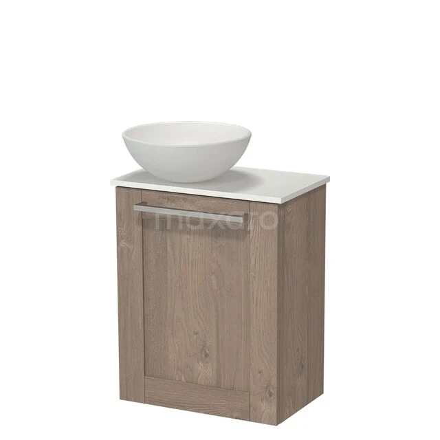 Modulo Pico Toilet unit with Basin | 41 cm Mid-brown oak Frame front Ceramic basin Solid surface washbasin top TMK10-18443 Wooden bathroom cabinet with sink, white bowl-shaped basin, compact design, ideal for small bathrooms.