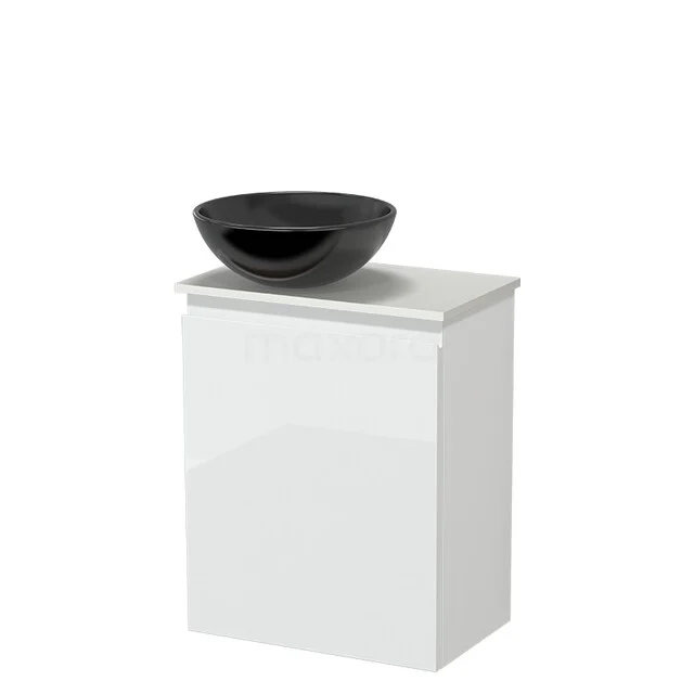 Modulo Pico Toilet furniture with Basin | 41 cm High gloss white Handleless front Ceramic basin Solid surface washbasin top TMK10-18453 White bathroom furniture with black round washbasin, modern look, ideal for compact bathrooms, made of high-quality material.