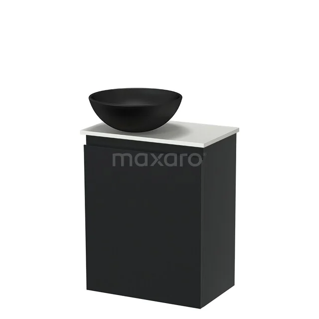 Black bathroom furniture with a marble top and round, matte black washbasin; modern design, ideal for a stylish bathroom.