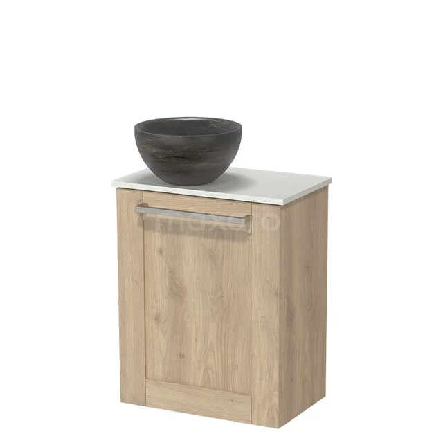 Modulo Pico Toilet Furniture with Basin | 41 cm Light Brown Oak Frame Natural Stone Basin Solid Surface Washbasin Top TMK10-18503 Wooden bathroom cabinet with a light finish, white top plate and round black wash basin, ideal for a stylish bathroom.