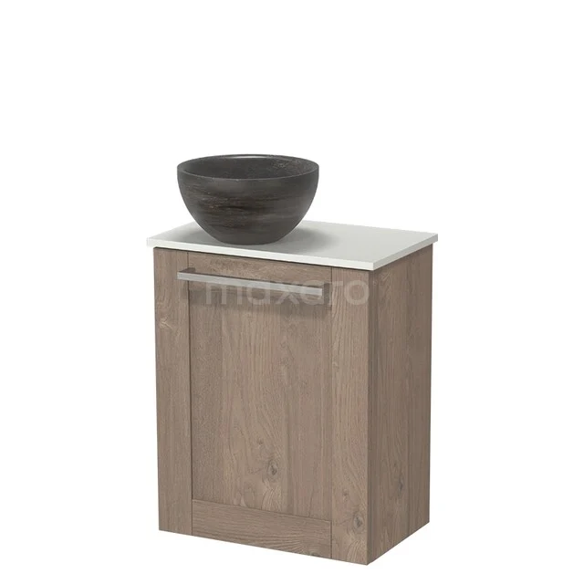 Wooden bathroom cabinet with sink top and dark round basin, compact design perfect for modern bathrooms.