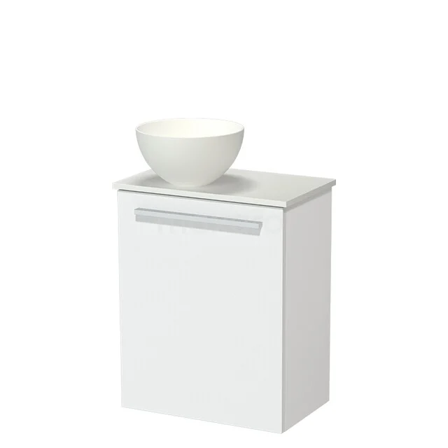 White bathroom furniture with countertop washbasin, sleek design, compact size, ideal for small bathrooms.