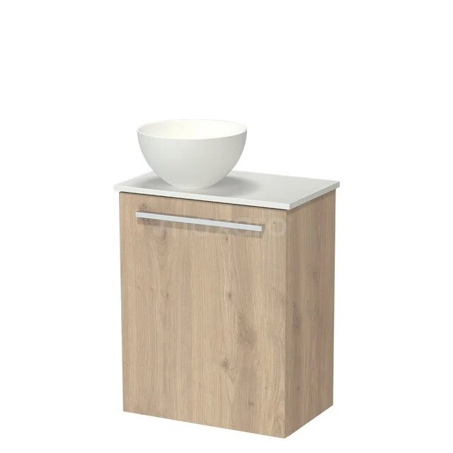 Holz-Badschrank mit weißem Aufsatzwaschbecken, langlebiger Melamin-Oberfläche und klarem Design für einen modernen Badezimmerstil.