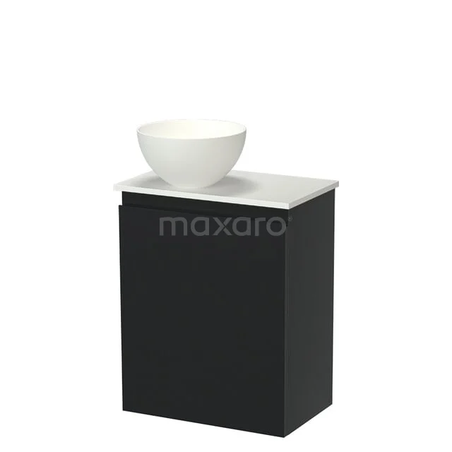 Black bathroom furniture with white sink bowl, compact design suitable for modern bathrooms.