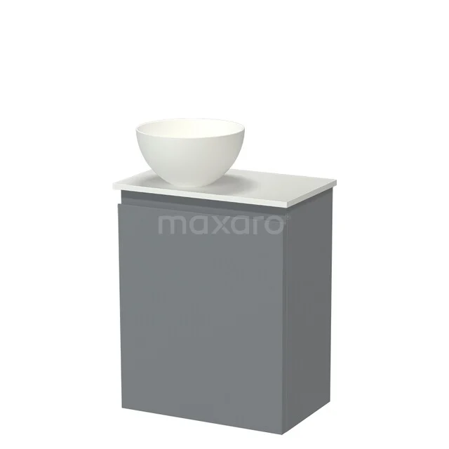 Grey bathroom cabinet with white ceramic wash basin, sleek design and compact size for a stylish bathroom space.