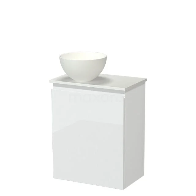 White glossy bathroom furniture with ceramic countertop washbasin, compact design cabinet ideal for modern bathrooms.