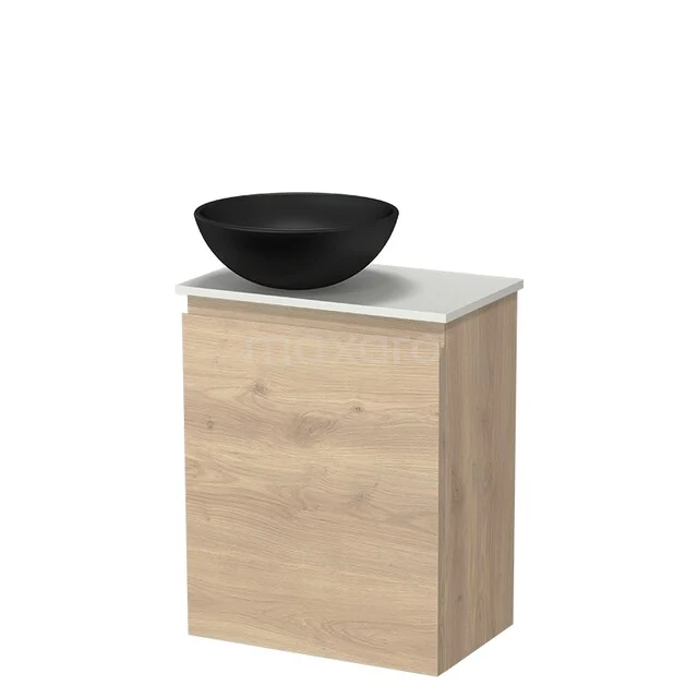 Wooden bathroom furniture with a modern design, white sink and matte black ceramic basin, ideal for a stylish bathroom.