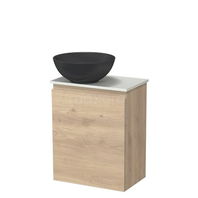 Modulo Pico Toilet furniture with Basin | 41 cm Light brown oak Handleless front Quartz basin Solid surface washbasin top TMK10-18549 Wooden bathroom furniture with a black natural stone basin and white top, ideal for a modern bathroom style.
