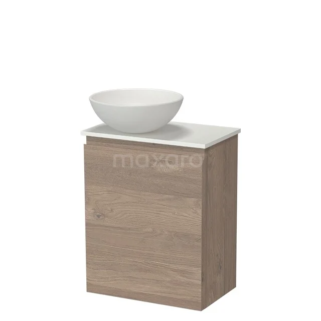 Modulo Pico WC-Möbel mit Aufsatzwaschbecken | 41 cm Mittelbraune Eiche Grifflose Front Keramik-Aufsatzwaschbecken Solid Surface Waschtischplatte TMK10-18553 Holz Badezimmermöbel mit Aufsatzwaschbecken, Eiche Look Schrank und weißer Marmor Platte, stilvolles und kompaktes Design für moderne Bäder.