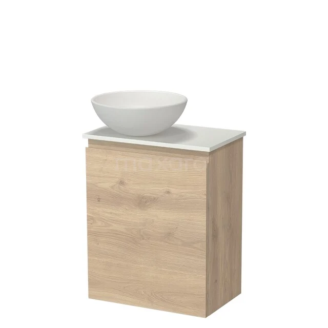 Modulo Pico Toilet Furniture with Basin | 41 cm Light Brown Oak Handleless Front Ceramic Basin Solid Surface Vanity Top TMK10-18573 Wooden bathroom cabinet with white ceramic wash basin and marble top, perfect for a stylish space-saving bathroom design.