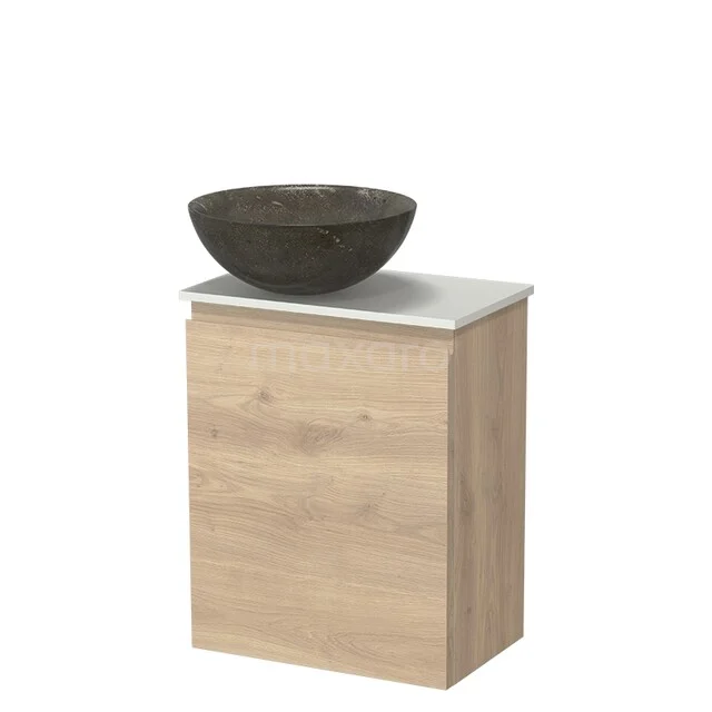 Wooden bathroom cabinet with white top and black stone wash basin, compact design for modern bathrooms.