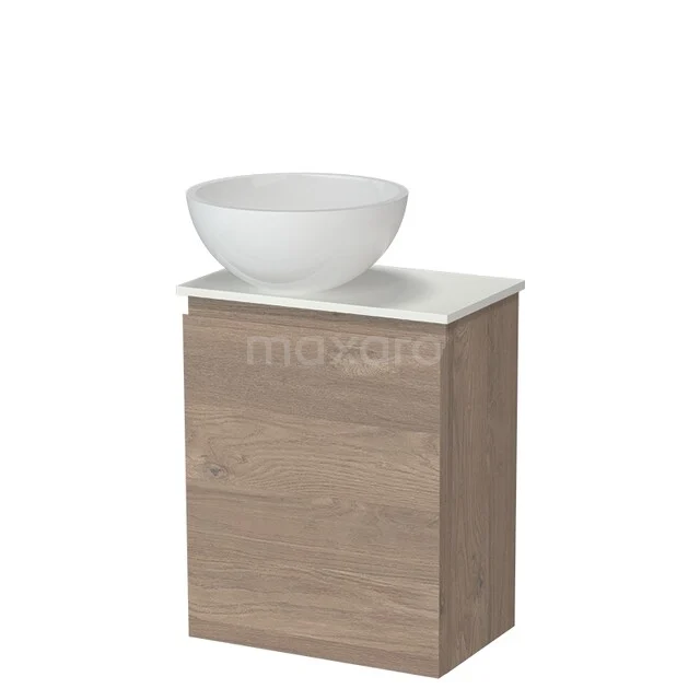 Modulo Pico Toilet furniture with Basin | 41 cm Mid-brown oak Handleless front Mineral marble basin Solid surface washbasin top TMK10-18584 Wooden bathroom furniture with white washbasin, modern design, compact size, ideal for small bathrooms.
