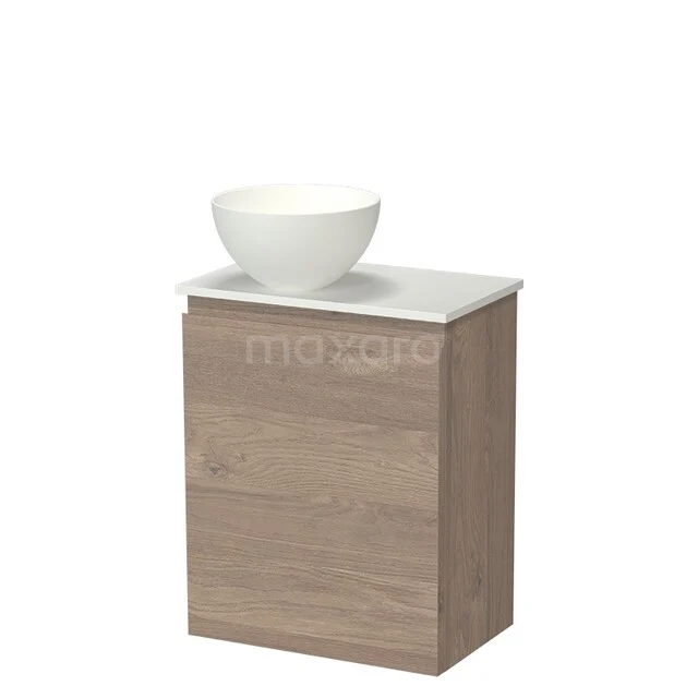 Modulo Pico Toilet unit with Basin | 41 cm Mid-brown oak Handleless front Solid surface basin Solid surface washbasin top TMK10-18586 Wooden bathroom cabinet with white washbasin, compact design, modern wood look, ideal for small bathroom furnishings.