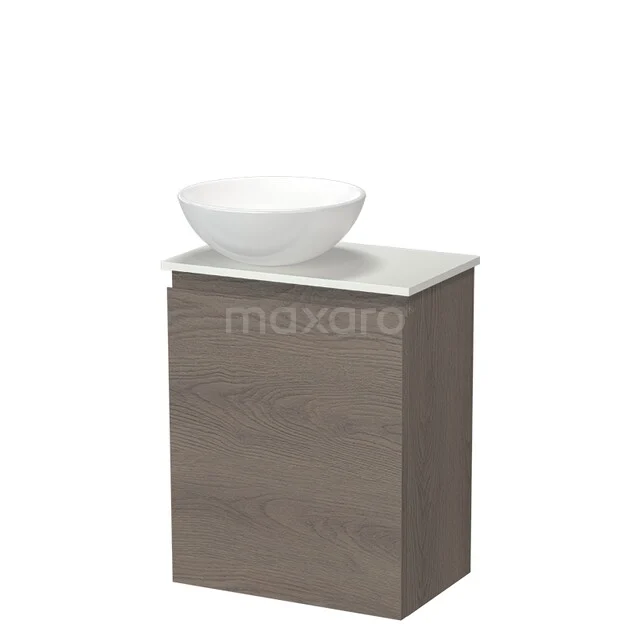 Wood-look washbasin unit with white basin, compact design ideal for small bathrooms, durable finish.