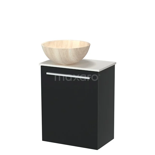 Schwarzer Badschrank mit matter Oberfläche, weißer Oberseite und einzigartigem runden Holz-Aufsatzwaschbecken, ideal für moderne Bäder.