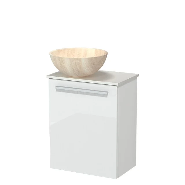 Wit Badmöbel mit Schublade und beigem Holz Aufsatzwaschbecken, modernes Design, ideal für kleine Bäder.