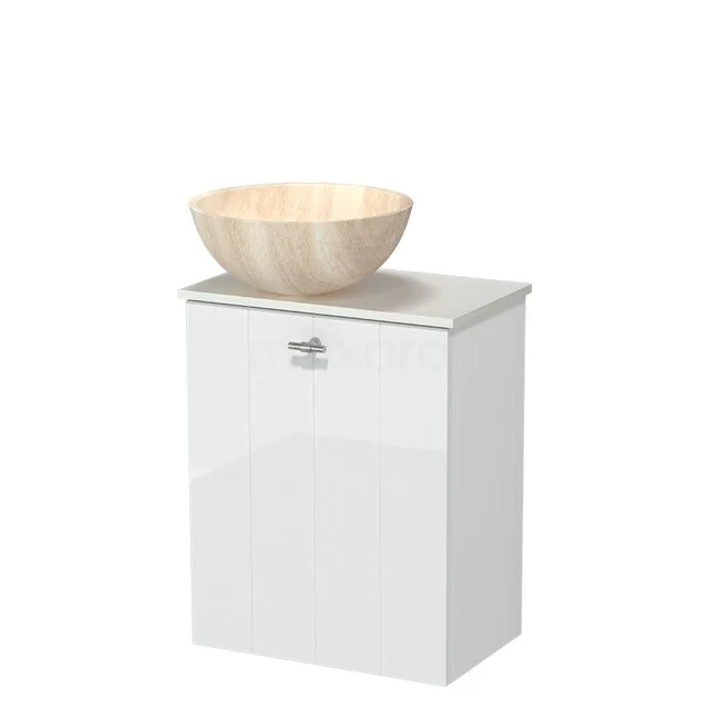 White bathroom cabinet with a high-gloss finish and a wooden countertop basin, ideal for stylish and compact bathroom design.