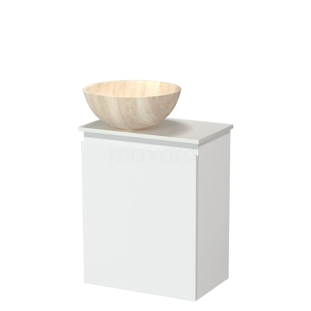 Modulo Pico Toilet furniture with Basin | 41 cm Matte white Handleless front Natural stone basin Solid surface washbasin top TMK10-18614 White bathroom furniture with wooden wash basin, modern design, ideal for a stylish and practical bathroom decor.