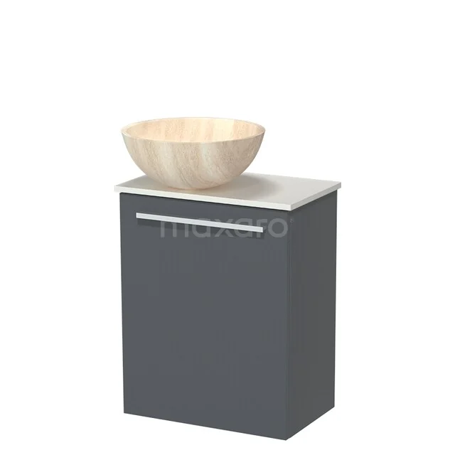 Grey bathroom cabinet with a white top and wooden wash basin, sleek design ideal for modern bathroom interiors.