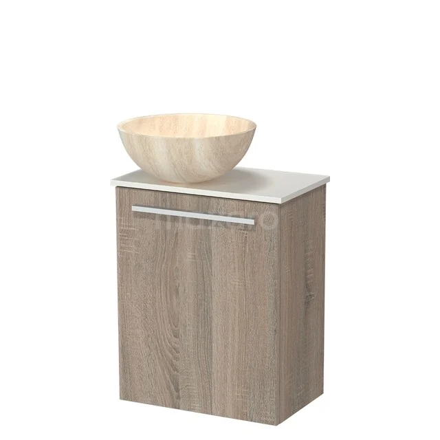 Modulo Pico WC-Möbel mit Aufsatzwaschbecken | 41 cm Eiche glatte Front Naturstein-Aufsatzwaschbecken Solid Surface Waschtischplatte TMK10-18618 Holz Badschrank mit hellem Waschbecken, kompaktes Design, idealer Aufbewahrer für ein modernes Badezimmer.