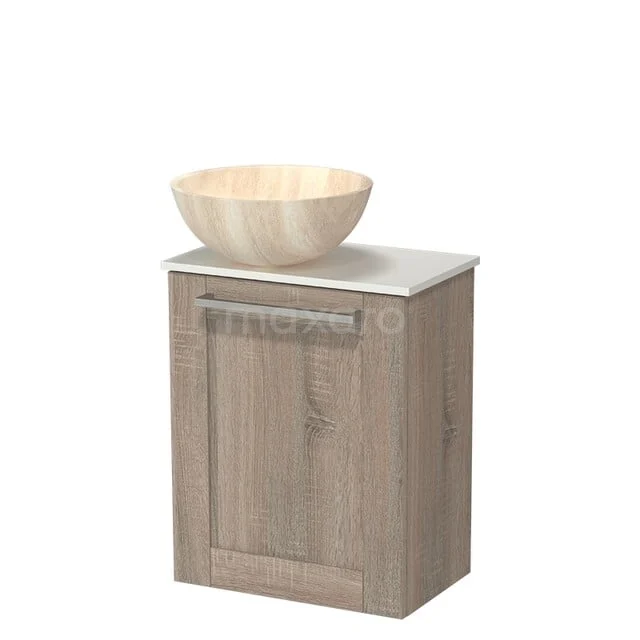 Wooden bathroom cabinet with natural wash basin, oak look and white top, ideal for a stylish and practical bathroom design.