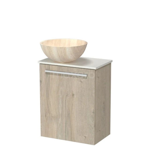 Holz-Badmöbel mit Schublade, Aufsatzbecken in natürlicher Holzfarbe auf weißer Platte, geeignet für moderne Bäder.