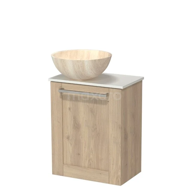 Oak bathroom furniture with white washbasin, compact storage cabinet and metal handle, ideal for a modern bathroom.