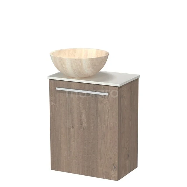 Wooden bathroom furniture with a light brown sink cabinet and a beige round natural stone bowl for a modern bathroom style.