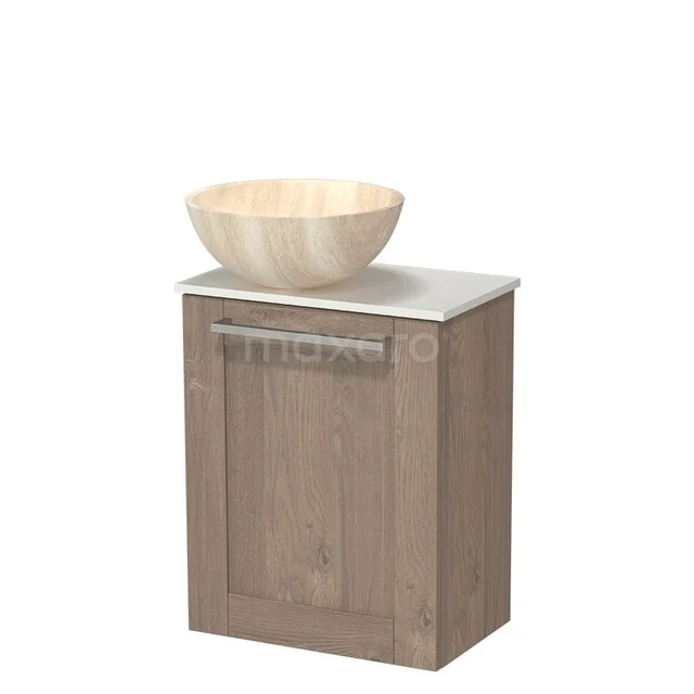 Modulo Pico WC-Möbel mit Aufsatzwaschbecken | 41 cm Mittelbraune Eiche Rahmenfront Aufsatzwaschbecken aus Naturstein Waschtischplatte aus Solid Surface TMK10-18627 Hölzerner Badschrank mit beigem Aufsatzwaschbecken, kompaktes Design ideal für kleine Bäder. Natürliche Holzoptik und modernes Design.