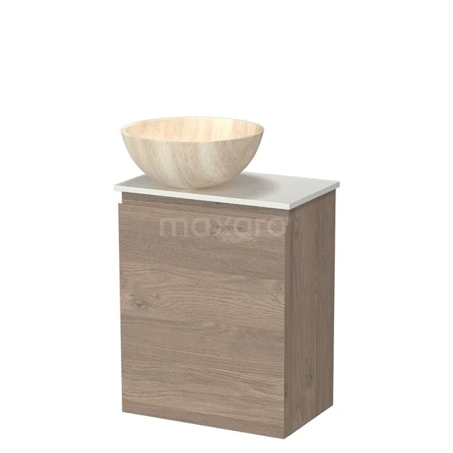 Modulo Pico WC-Möbel mit Aufsatzwaschbecken | 41 cm mittelbraune Eiche grifflose Front Naturstein-Aufsatzwaschbecken Solid Surface Waschtischplatte TMK10-18629 Holz-Waschtisch mit beigem Keramik-Aufsatzwaschbecken, kompaktes Design und modern geeignet für das Badezimmer.