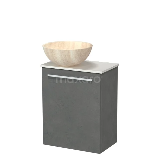 Grau Badmöbel mit Holzlook Aufsatzwaschbecken, kompakte Form, modernes Design, ideal für eine stilvolle Badezimmerinrichtung.