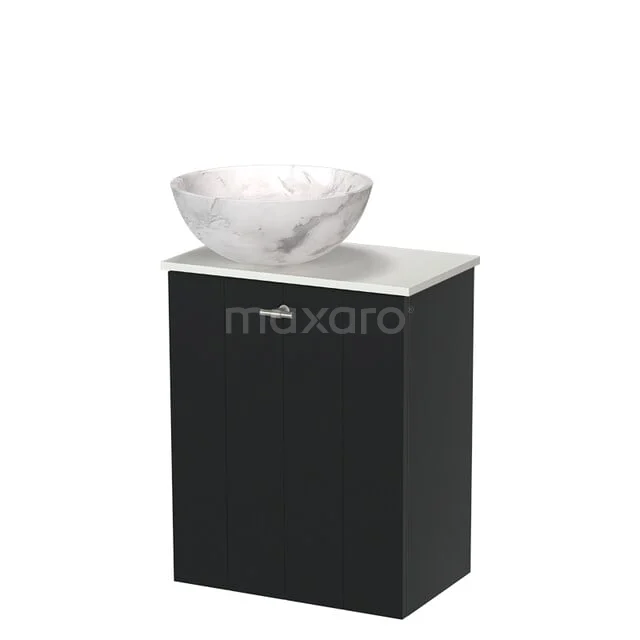 Black bathroom furniture with marble washbasin, compact design and elegant appearance for modern bathrooms.