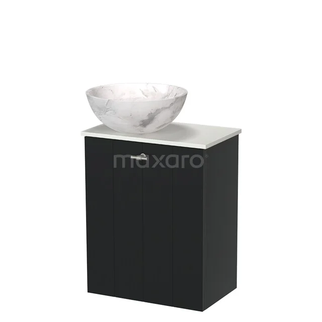 Modulo Pico WC-Möbel mit Aufsatzwaschbecken | 41 cm Matt Schwarz Lamellenfront Aufsatzwaschbecken aus Naturstein Solid Surface TMK10-18636 Schwarz Badmöbel mit marmoriertem Aufsatzwaschbecken, kompaktes Design und elegante Ausstrahlung für moderne Bäder.