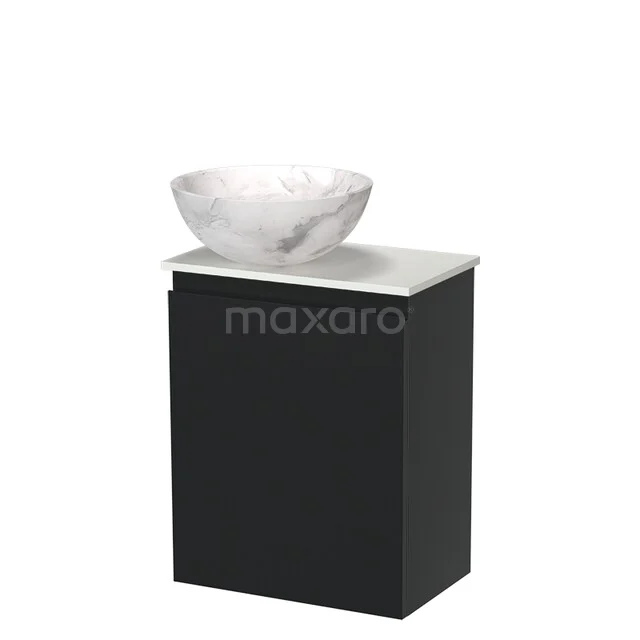 Black bathroom furniture with modern white marble washbasin, compact design suitable for smaller bathrooms.