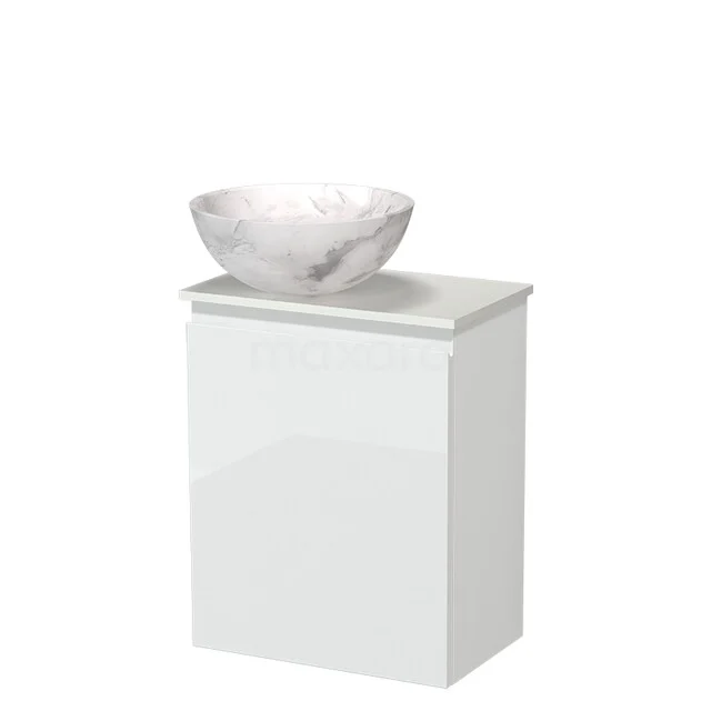 Modulo Pico WC-Möbel mit Aufsatzwaschbecken | 41 cm Hochglanz Weiß Grifflose Front Naturstein-Aufsatzwaschbecken Solid Surface Waschtischplatte TMK10-18645 Weißes Badezimmermöbel mit Hochglanzoberfläche und Natursteinausführung, perfekt für einen modernen Stil im Badezimmer.