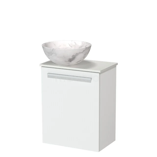 White bathroom furniture with marble wash basin, compact design made of high-quality materials, perfect for modern bathrooms.