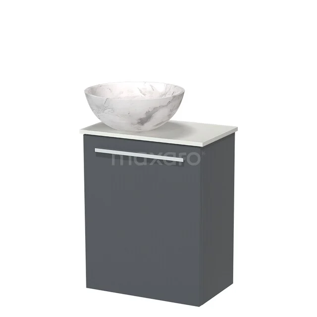 Grey bathroom cabinet with white ceramic countertop basin, modern design and compact shape.