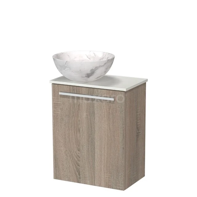 Wooden bathroom cabinet with marble wash basin, modern appearance, ideal for stylish bathroom decor.