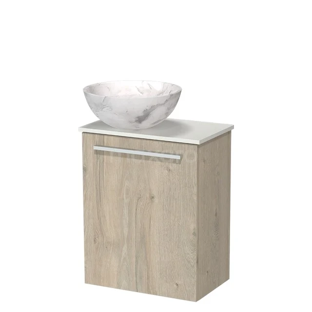 Wooden bathroom cabinet with a marble wash basin, compact design, ideal for small bathrooms.