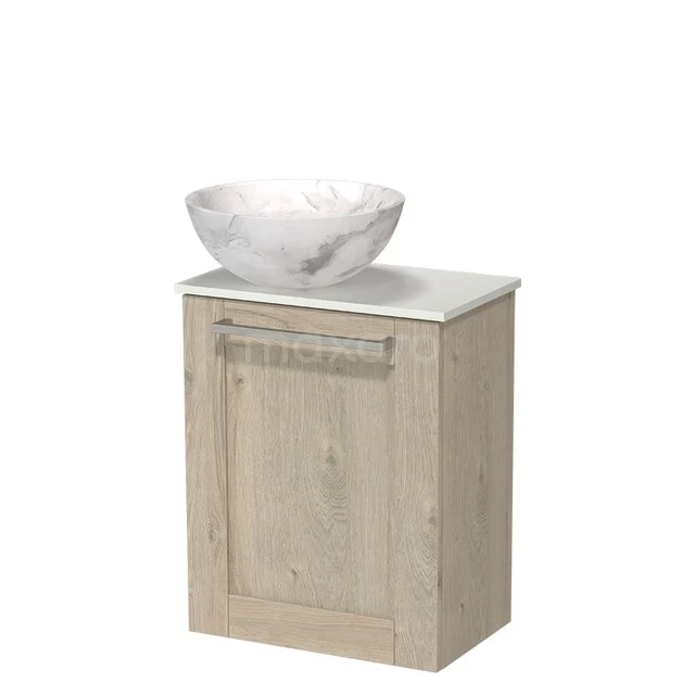 Holz-Badmöbel mit weißem Marmorlook Aufsatzwaschbecken, kompaktes Design aus der modernen Kenzo-Serie für kleine Bäder.