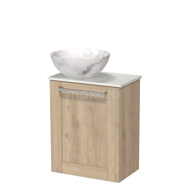 Modulo Pico WC-Möbel mit Aufsatzwaschbecken | 41 cm Hellbraune Eiche Rahmenfront Aufsatzwaschbecken aus Naturstein Solid Surface Waschtischplatte TMK10-18658 Holz-Badschrank mit Waschbecken aus Marmor, Naturlook, kompaktes Design, ideal für moderne Bäder.
