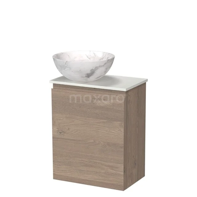 Modulo Pico WC-Möbel mit Aufsatzwaschbecken | 41 cm mittelbraune Eiche grifflose Front Naturstein-Aufsatzwaschbecken Solid Surface Waschtischplatte TMK10-18663 Holz Badezimmermöbel mit weißem Marmor Aufsatzwaschbecken, schlankes Design, perfekt für eine moderne Badezimmer Einrichtung.