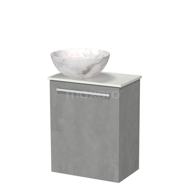 Grey bathroom furniture with marble washbasin, compact design and modern appearance, ideal for a stylish bathroom decor.