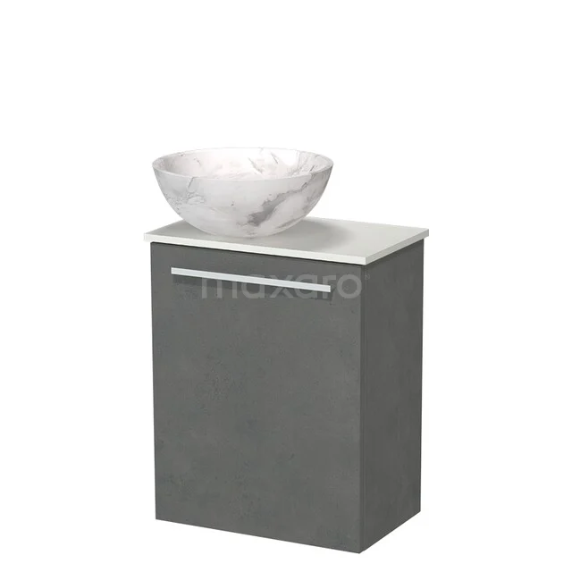 Modulo Pico WC-Möbel mit Aufsatzwaschbecken | 41 cm Dunkelgrauer Beton Glatte Front Naturstein-Aufsatzwaschbecken Solid Surface Waschtischplatte TMK10-18670 Grauer Badschrank mit weißem Marmor Aufsatzwaschbecken, kompaktes Design und schlankem Griff, ideal für moderne Badezimmer.