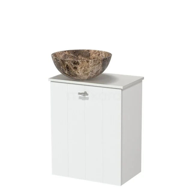 White bathroom furniture with a natural stone washbasin in brown tones, compact design for modern bathrooms.